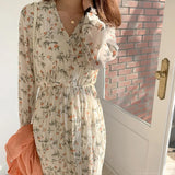 Elegant Ruched Floral Print Women Autumn Dress Sexy V-neck Full Sleeve Female Long Dresses 2021 Spring Chiffon Vestidos-Outfit