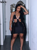Kliou Tassel Hollow Out Mini Dress Women Sexy Halter Sleeveless Cleavage Backless Lace Up Sheath Skirt Party Clubwear Lady