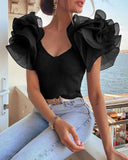 Women Elegant Fashion Female Top Casual Brief Ribbed Layered Ruffles Short Sleevel V Neck Slim Fit