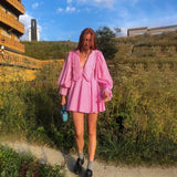Woherb Women's Pink Checked Butterfly Collar Long-Sleeved Dress Temperament Fashion Design Sense A Line Skirt-Outfit
