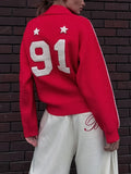 Knitted Cardigan Collar Zipper Retro Sports Rice White Hit Red High Street Burst