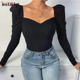Elegant Puff Sleeve Solid Black Blouse Long Sleeve Autumn Square Neck Slim Sexy Top Ladies Casual Vintage Blouse