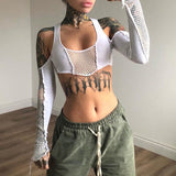 2000s Sexy Off Shoulder Crop Top Women Fashion Fishnet Long Sleeve Hollow Out Sexy Tees E-girl Grunge Tshirts