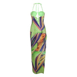 Kliou Aesthetic Print Maxi Dresses Women Fashion Sleeveless Lace up Backless Cleavage Body-Shaping Robe Partywear Female