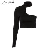 2018 Fashion Black White Crop Top One Shoulder Strapless Long Sleeve T-Shirt Women's Solid Tops Casual Vest