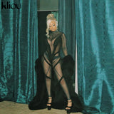 Kliou Mesh Patchwork Jumpsuit Women Mock Neck Full Sleeve Geometric One Piece Playsuit Sexy Midnight Overall Party
