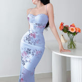 Flower Print Suspender Dress Women Fashion Off Shoulder Backless Midi Dresses Chic Female Party Club Vestidos YJ23300SK-Outfit