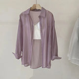 Chiffon Women Thin Shirts Summer Perspective Button Up Solid Blouse Korean Fashion Long Sleeve Shirts Lady Tops 2023 New-Outfit