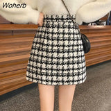 Women Plaid Skirts High Waist Vintage Woolen Skirt Korean Autumn Winter Gentle OL Slim All-match Mini-skirt Mori-girl Streetwear-Outfit
