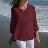 3/4 Sleeve Holiday Lace-Up Shirt ZANZEA Spring Lace Patchwork Blouse Bohemian Femme Fashion Casual Oversized Work OL