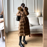 Luxury Brand Women's Winter 90% White Duck Down Jacket Real Fox Fur Collar Hooded Long Slim Puffer Fluffy Feather