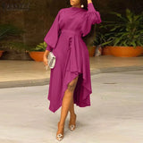 Women Elegant Long Lantern Sleeve Asymmetrical Dress Stylish Party Office Mid-calf Vestidos Robe Femme Autumn