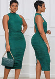 Green Sexy O-Neck Sleeveless Solid Ruffles Midi