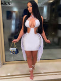 Kliou Tassel Hollow Out Mini Dress Women Sexy Halter Sleeveless Cleavage Backless Lace Up Sheath Skirt Party Clubwear Lady