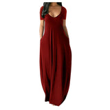 Maxi Dress 2021 Summer Fashion Solid V-Neck Short Sleeve Long Dresses Vestidos Female Casual Pockets Robe Dress Plus