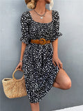 Sweet Square Collar Puff Sleeves Leopard Print Fit and Flare Holiday