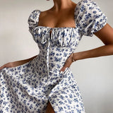 Vintage Floral Dress Women Summer Square Collar Puff Sleeve Long Dress Sexy Off Shoulder Side Split A-line Dress