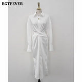 Elegant Single-breasted Women Solid Dress 2021 Autumn Lapel Full Sleeve Cross Waist Ladies Split Vestidos Female Dress-Outfit