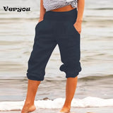 Size Casual Women Capri Pants Casual Pockets Solid Color High Waist Loose 3/4 Trousers Daily Life Woman