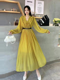 Autumn Station Temperament Retro Lotus Leaf Side Bubble Long Sleeve V Collar Thin A Word To Close The Waist 100-Fold