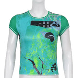 Retro Tie Dye Graphic Print T-shirt E-girl Gothic Women Short Sleeve Slim Fit Crop Top Female Summer Basic Sweats