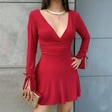 Autumn Women's New Deep V Long-Sleeved Sexy Tee Rope Dew Backpack Hip Short Dress