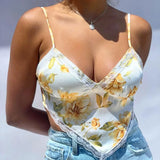 Floral Printed Asymmetrical Top Spaghetti Strap Backless Bandage Silk V Neck Sexy Casual Vintage Camisole Cropped