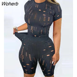 Hole Active Women Set Short Sleeve T-shirt and Shorts Set Sport Tracksuit Two Piece Set Fitness Outfit Ribbed Sweatsuit-Outfit