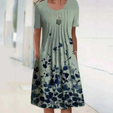 Floral Print Round Neck Pocket Mid-length