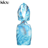 Kliou Tie Dry Two Piece Set Women 2021 Sexy Halter Sequined Beachwear Cleavage Crop Top+Mini Skirt Suit Female платье