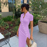 2020 Short Sleeve Buttons Patchwork Slit Sexy Dress Autumn Winter Women Fashion Streetwear Outfits Party Elegant