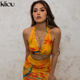 Kliou Tie Dry Two Piece Set Women 2021 Sexy Halter Sequined Beachwear Cleavage Crop Top+Mini Skirt Suit Female платье