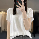 Woherb Line Of Clothing Worsted Short Sleeve Female Round Collar Loose Thin Bat Sleeve Vest Shirt Hollow Out Outside The Hair-Outfit