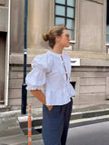 Fashion Casual Plaid Hollow Out Strap Double Bubble Sleeve Shirt Women's Top-Outfit