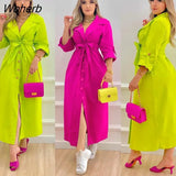 Shirt Dress Women Fashion Commuter Solid Long-sleeved Lace-up Button Shirt Maxi Dress for Women-Outfit