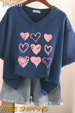 100% Cotton L-6XL T Shirt Plus Size Tshirt Short Sleeve Women Top Summer Heart Print Sweet V Neck Oversized T Shirts-Outfit