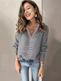 2025 New Lace V-Necked Jacket Sweater Lady Loose Long-Sleeved Solid-Colored
