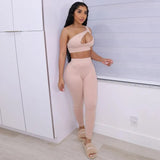 Kliou Sporty Solid Two Piece Set Women Skinny Inclined Shoulder Hole Cleavage Tank Tops+ Concise Stretchy Pants Workout