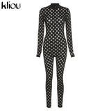 Kliou See Through Hollow Out Sexy Zipper Jumpsuit Women Turtleneck Net Plaid Hole Skinny Elastic Club Streetwear