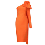 Colors High Quality Runway Bownot One Sleeve Orange Purple Long Sleeve Rayon Bandage Dress Party Bodycon Dress