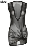 Kliou Mesh Bundled Mini Dress Women Sexy Low V-Neck Sleeveless See Through Bodycon Midnight Style Party Clubwear Female