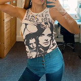Vintage Y2K Aesthetic Tank Top Hip Hop Face Graphic Print Sleevless Slim Fit Women Gothic Crop Vest Sweats Tee