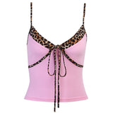 Summer Women Crop Tops Leopard Patchwork Camis Lace Up Y2K Camisole Sexy Casual Pink Sleeveless Slim Pink 2020