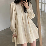 Chic Autumn Simple Temperament Folding Loose Shirt Dress Bubble Sleeve Short Doll