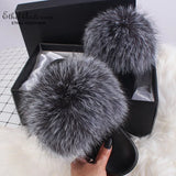 ANERSON Real Fox Raccoon Fur Slippers for Women Fur Slides Flip Flops Beach Plush Fluffy Furry Designer Slippers