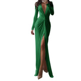 Woherb New Solid Color Dress Summer Fashion Sexy Slit V Neck Long Sleeve Solid Slim Pleated Skirt Dress-Outfit