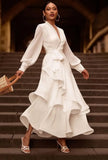 White Sweet V-neck Full Sleeves Solid Belted Layered Maxi