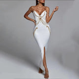 Quality New Black White Chain Spaghetti Strap V-Neck Split Bandage Dress Bodycon Celebrity Club Party Long Dress
