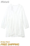 2023 Women Summer Mini Dress Vintage Solid Embroidery V-Neck Long Sleeve Female Elegant Street Lining Dresses Clothing-Outfit