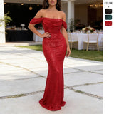New Spring Summer Shoulder V-Neck Women's Slings Print Fairy Long Temperament Dress Dress Dress